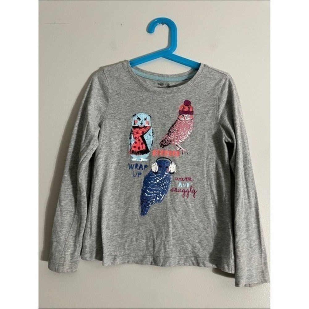 GapKids T-Shirt Cotton Blend Owl Graphic Size S 6-7 Years Grey Long Sleeve Tee